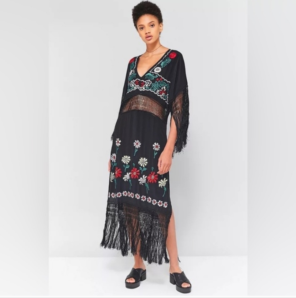 Free People Ella RARE 100% Silk Maxi Embroidered Sheer Waist Fringe Black Medium